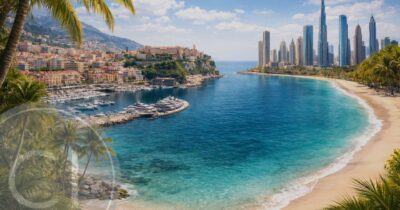 A vibrant coastal view combining serene island living with modern urban luxury, representing top destinations offering residency by investment with favorable tax regimes