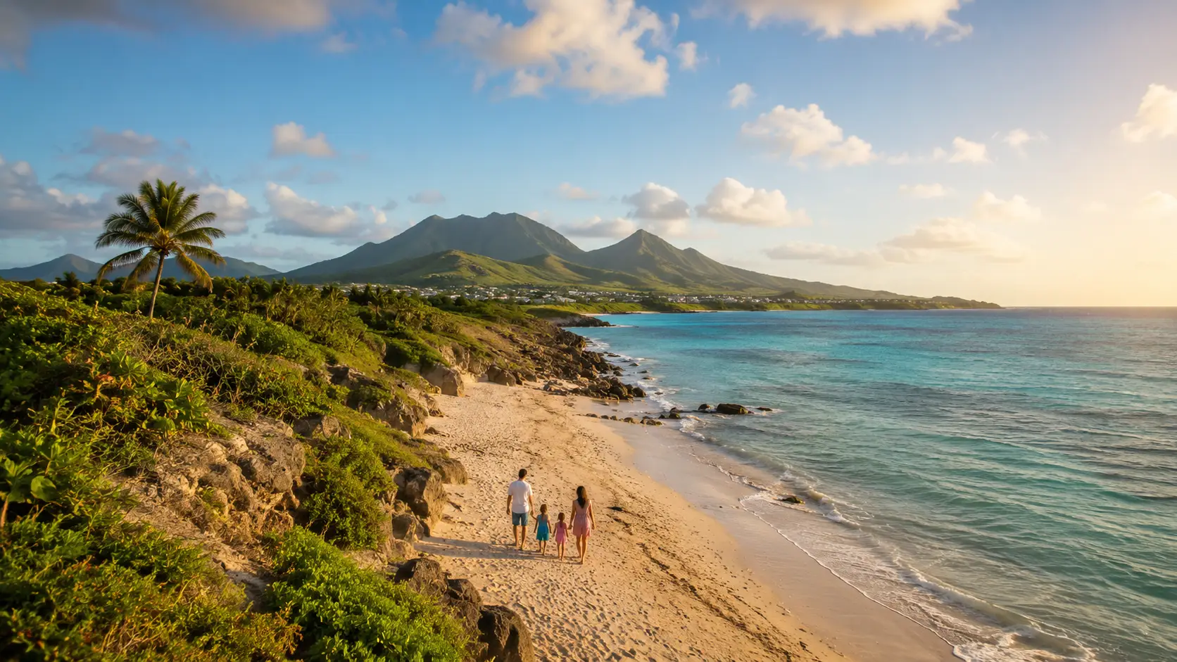 St. Kitts and Nevis Unifies $250,000 Pricing Across SISC and Public Benefit Citizenship Pathways 1 A wide high-angle shot of a scenic tropical coastline featuring a family of four—a man, a woman, and two young children—walking together along a sandy beach. Lush green vegetation and a tall palm tree border the rocky shore on the left, while clear, turquoise ocean waves gently lap against the sand on the right. In the background, green volcanic mountains rise under a warm, sunlit sky with scattered clouds.