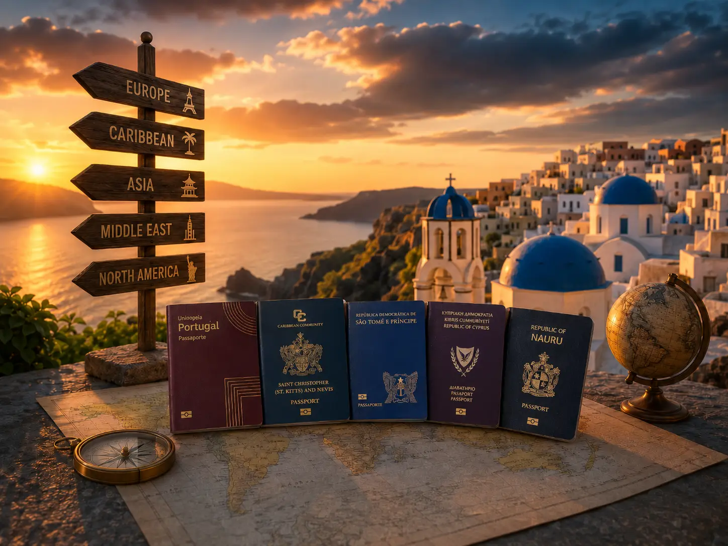Five passports labeled Europe, Caribbean, Asia, Middle East, and North America Citizenship sitting on a map next to a directional wooden sign, a compass, and a globe, set against a sunset over a Mediterranean coastal village.