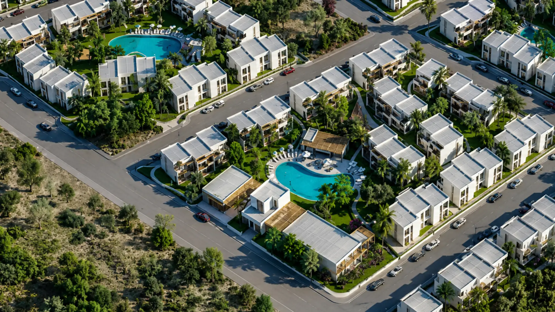 Aerial drone view of a modern luxury residential neighborhood featuring white two-story villas, paved streets, lush green palm trees, and two large swimming pools. (Greek Golden Visa Citizenship)