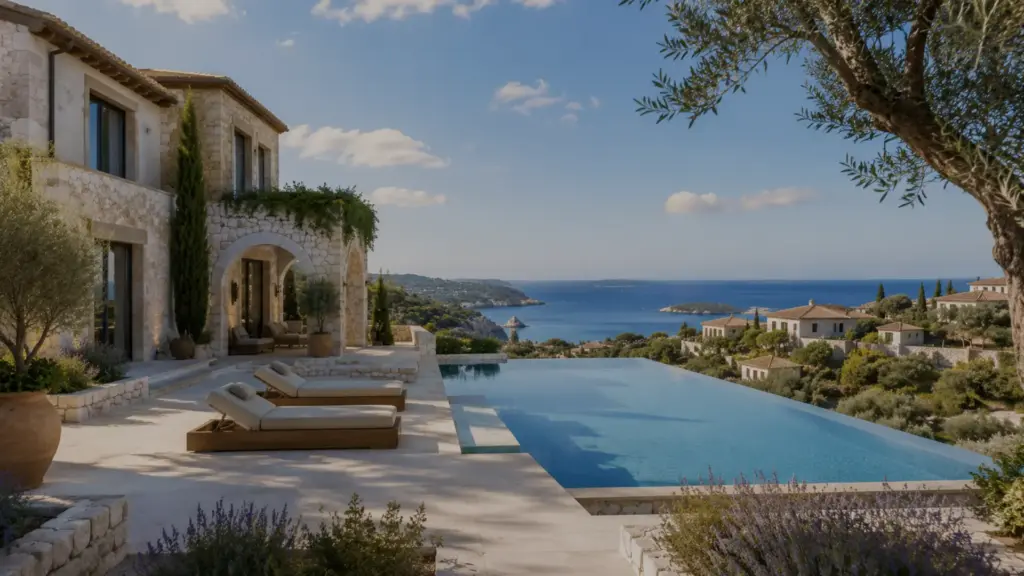 A luxury Mediterranean stone villa featuring arched doorways, an infinity edge pool overlooking the sea, and sun loungers set on a stone patio under a clear sky. (Greek Golden Visa Citizenship)